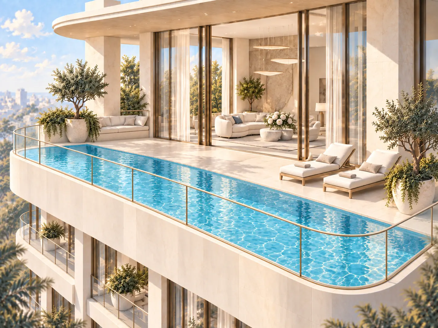 Illustrated private penthouse pool with sun loungers and a terrace beside the living room.