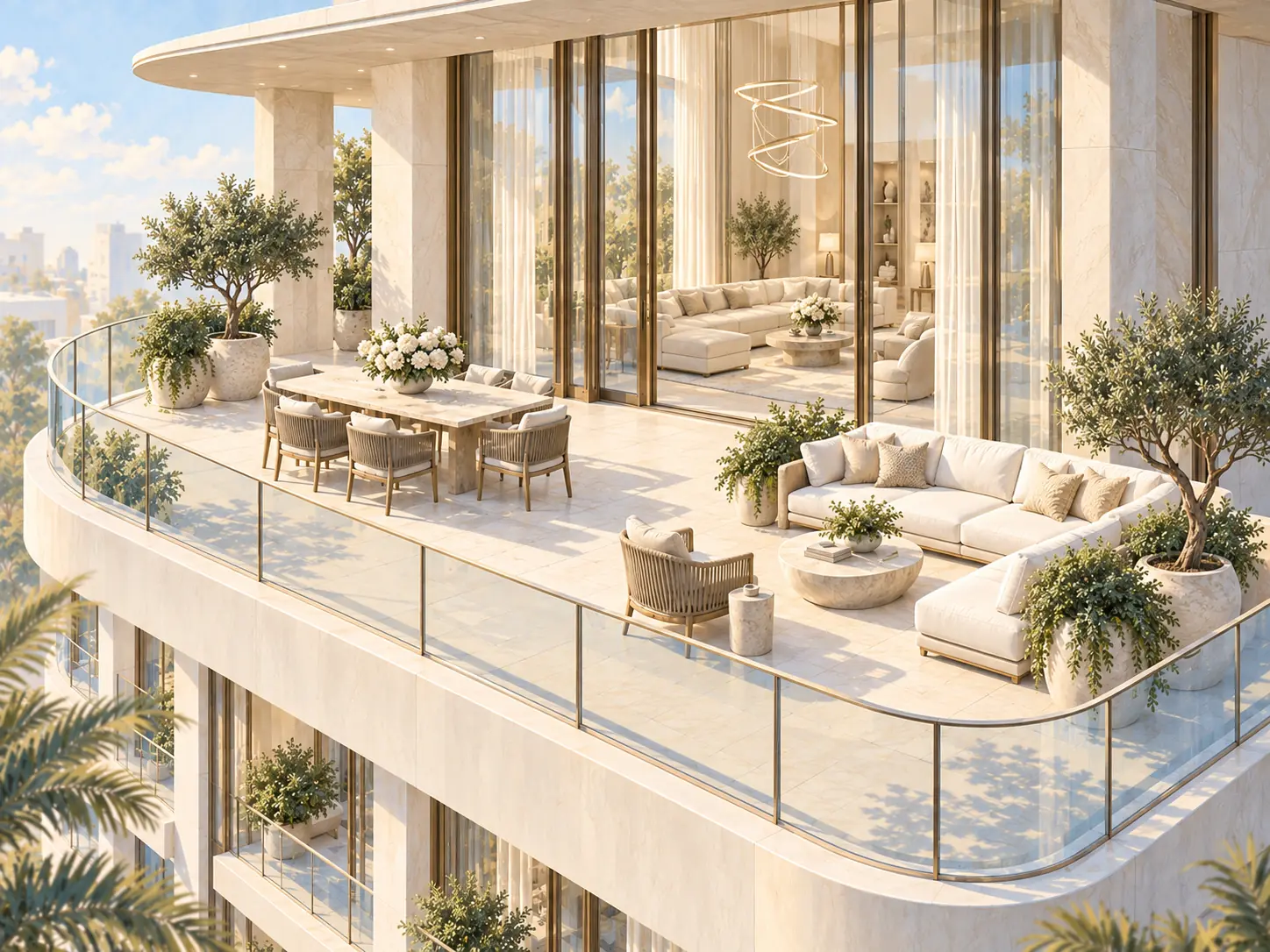 Illustrated penthouse terrace with outdoor dining and lounge areas beside the living room.