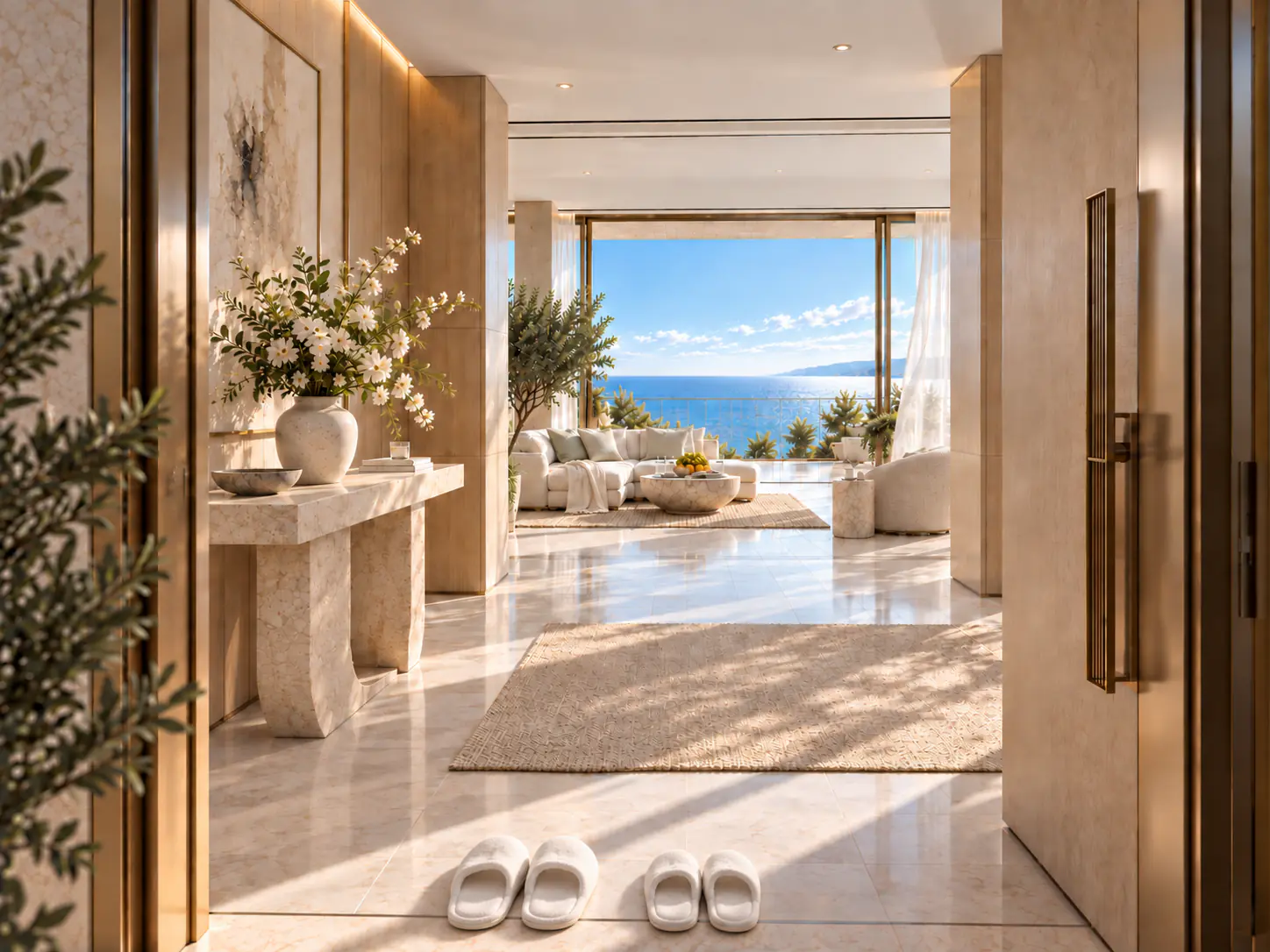 Conceptual illustration looking through a private penthouse entrance into a finished foyer, living room and sea-facing terrace.