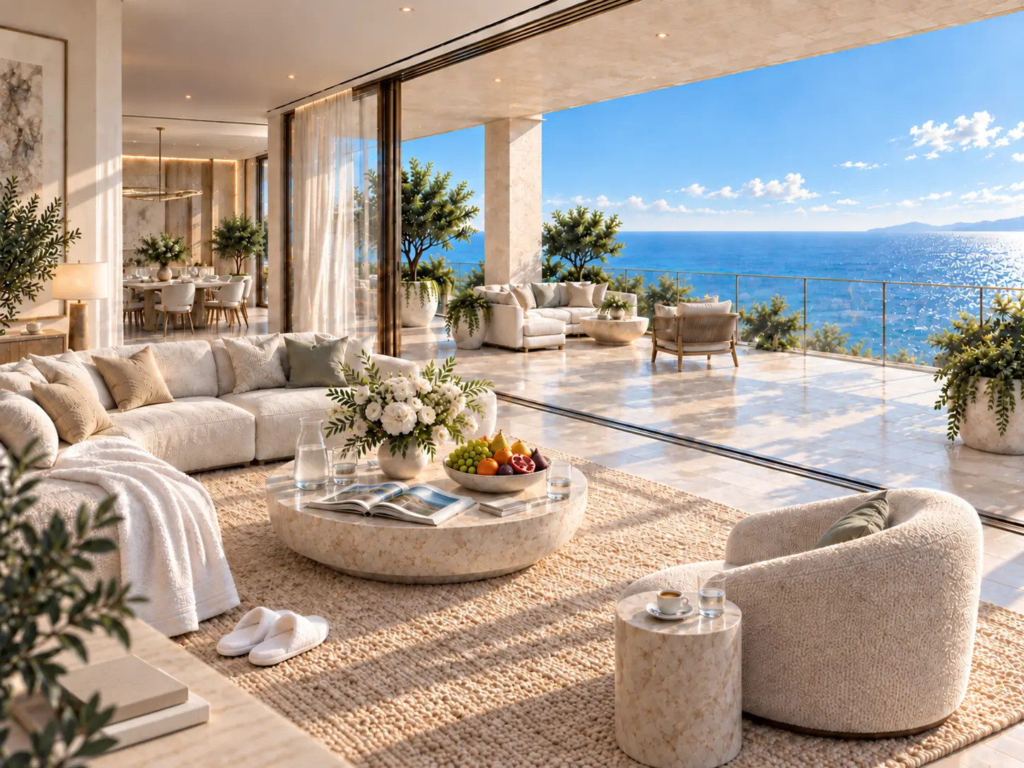 Conceptual illustration of a finished penthouse living room opening onto a sheltered terrace and a clear sea view.