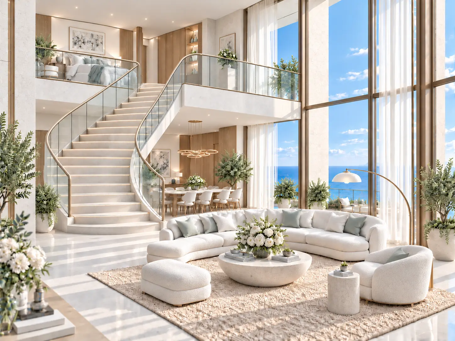 Conceptual illustration of a duplex penthouse living room with double-height glazing and a staircase to the upper level.