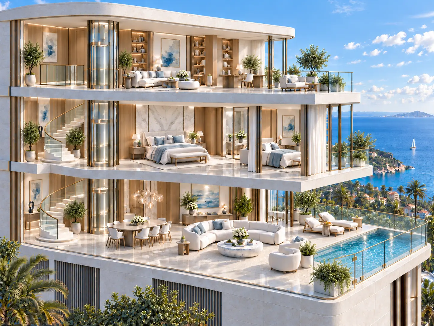 Conceptual cutaway of a three-level penthouse, with living spaces and a pool terrace below bedrooms and an upper lounge and study.