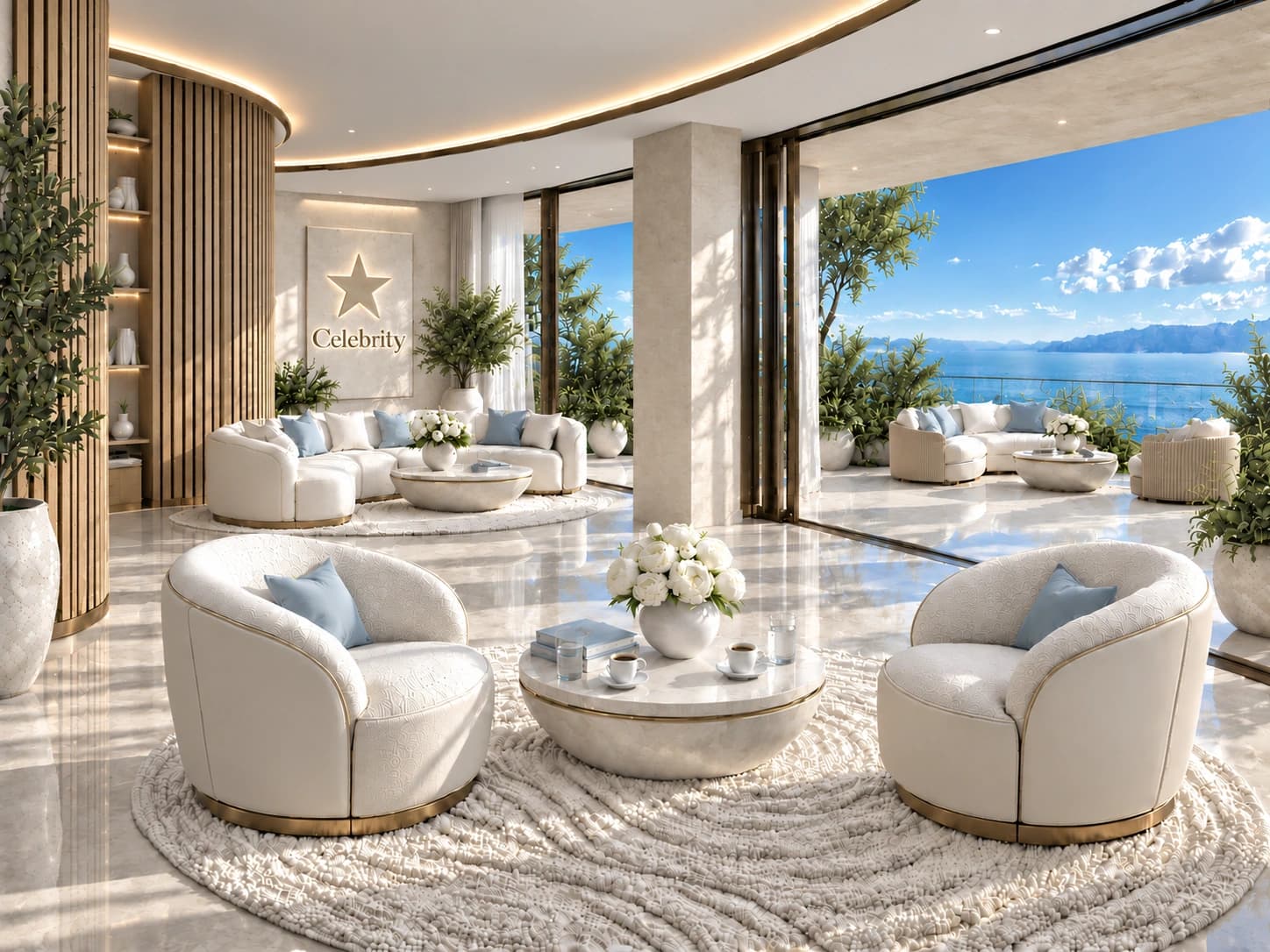 Conceptual illustration of a residents' lounge with separate conversational seating groups opening onto a shared terrace and sea view.