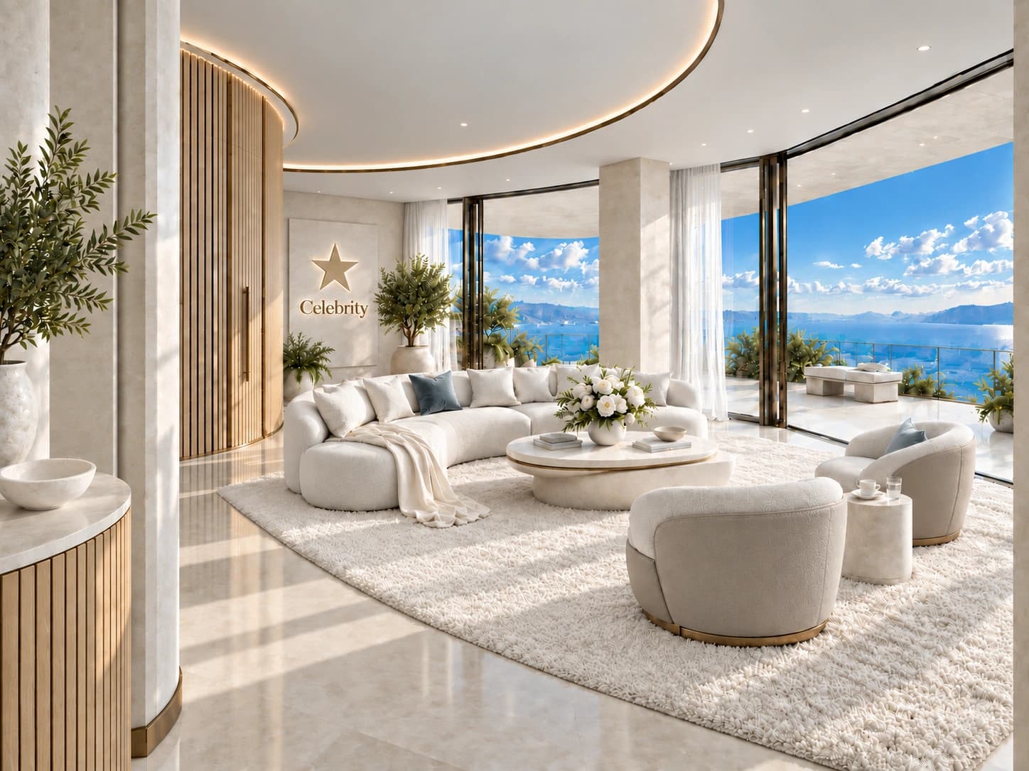 Conceptual illustration of a penthouse living room with curved pale-oak joinery, ivory seating and open glazing onto a private sea-facing terrace.