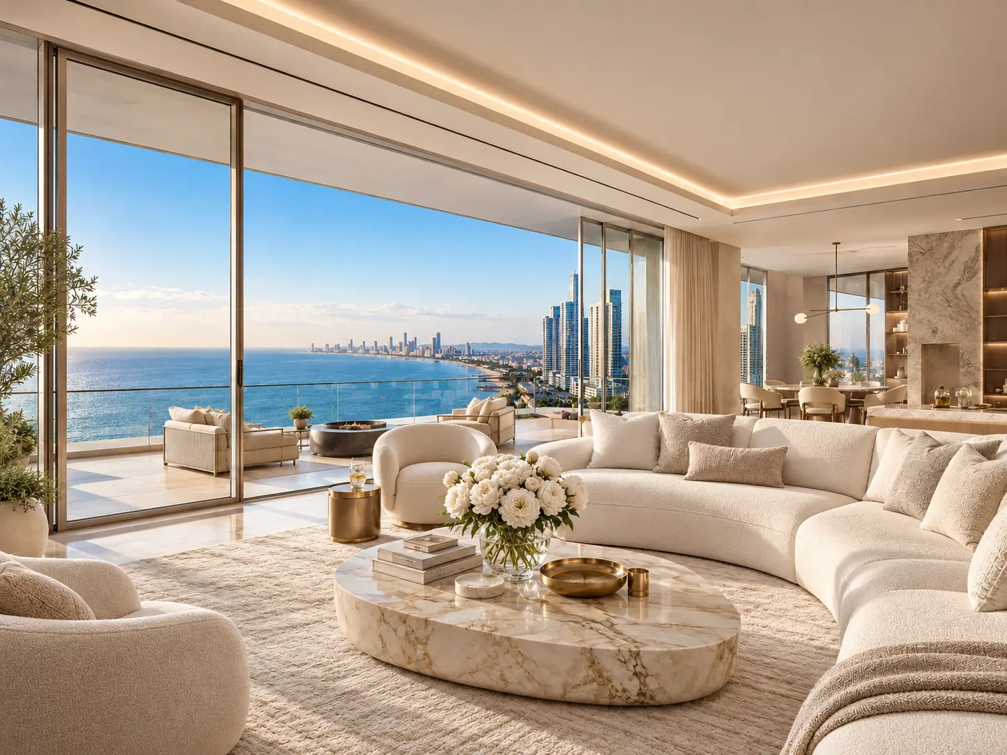 Furnished penthouse living room opening onto a terrace with a sea view