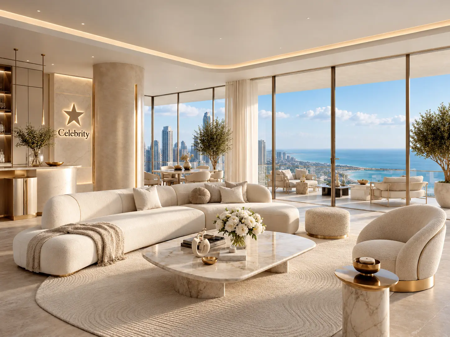 Penthouse interior with a Celebrity star emblem and a waterfront outlook