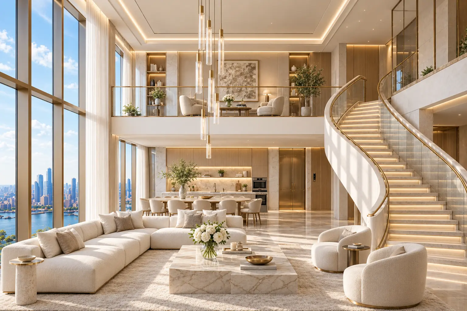 Two-level penthouse interior with a sweeping staircase and double-height windows