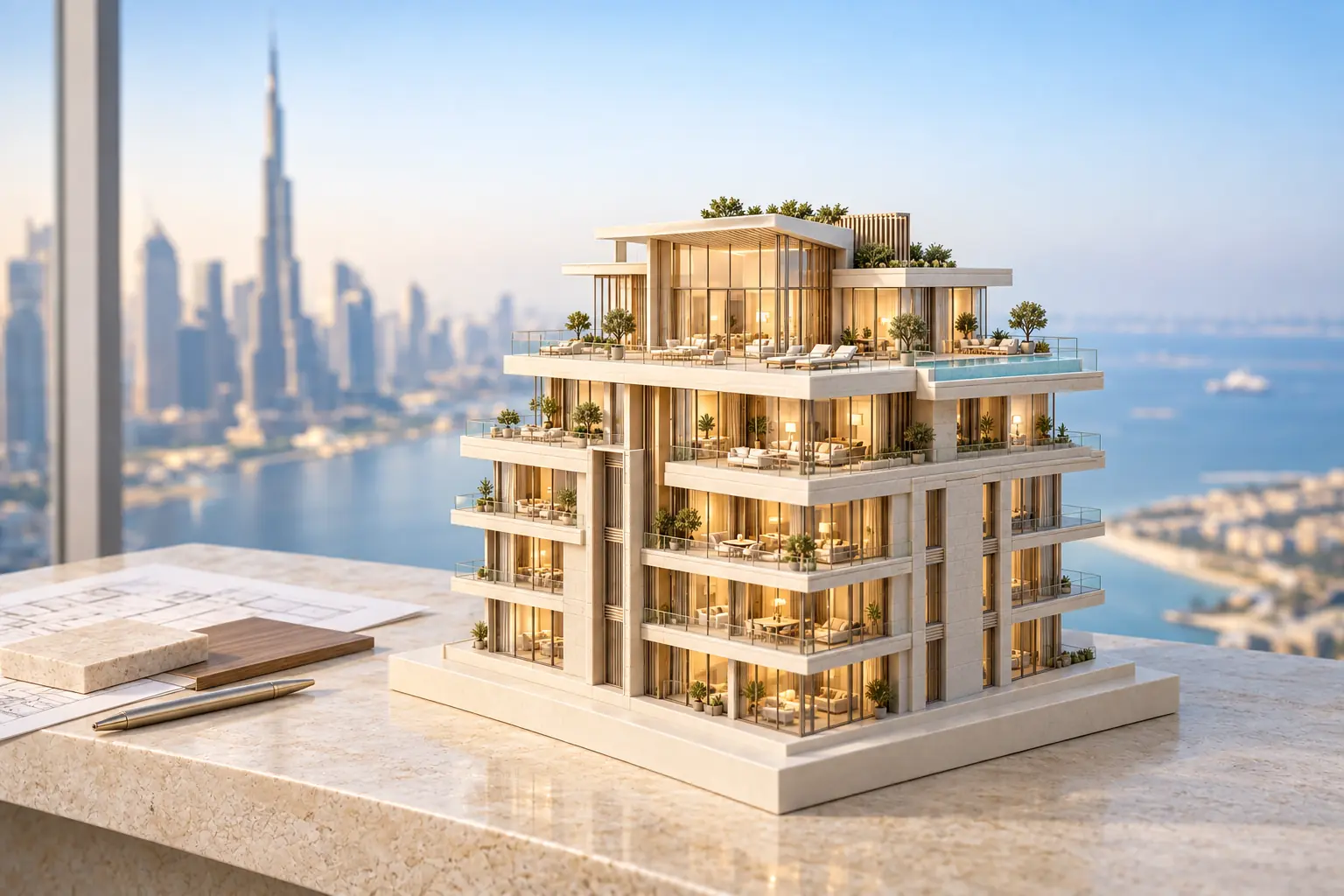 Architectural scale model of a residential development with penthouse terraces