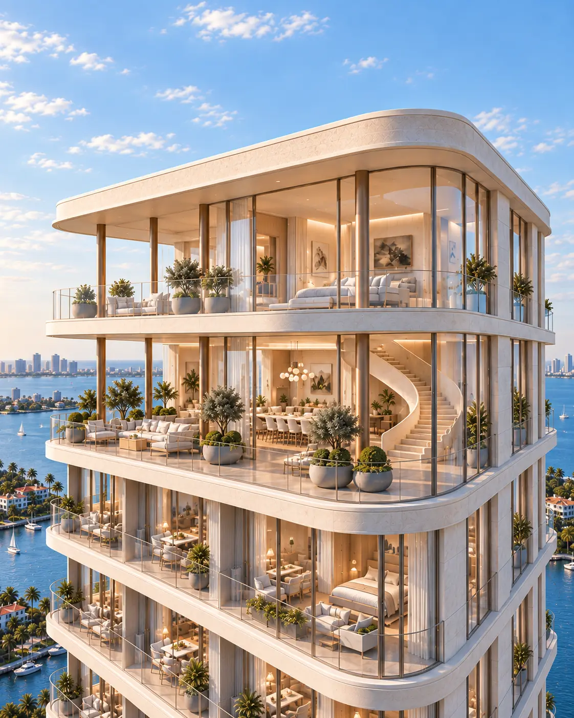 Conceptual waterfront tower with a distinctive crown residence above the homes below.