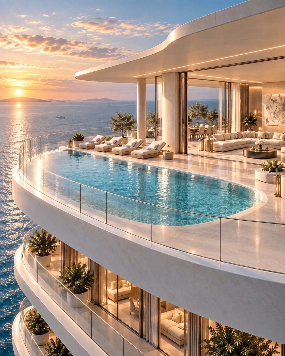 Conceptual penthouse with a private pool, curved glass balustrade and a terrace connected to the living room at sunset.