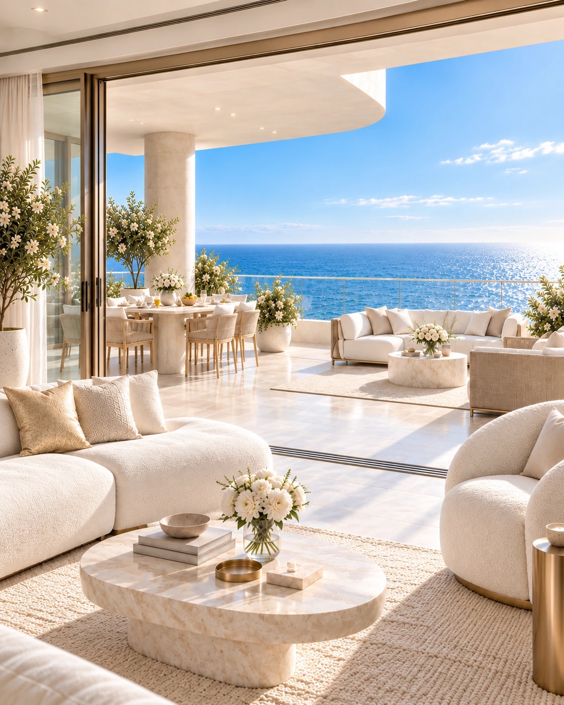 Conceptual penthouse living room opening onto a sheltered private terrace with dining, seating and an open sea view.