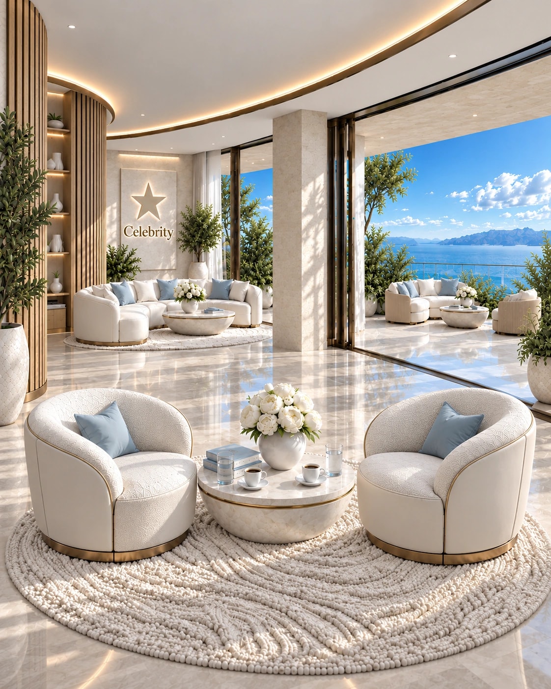 Conceptual illustration of a residents' lounge with separate conversational seating groups opening onto a shared terrace and sea view.