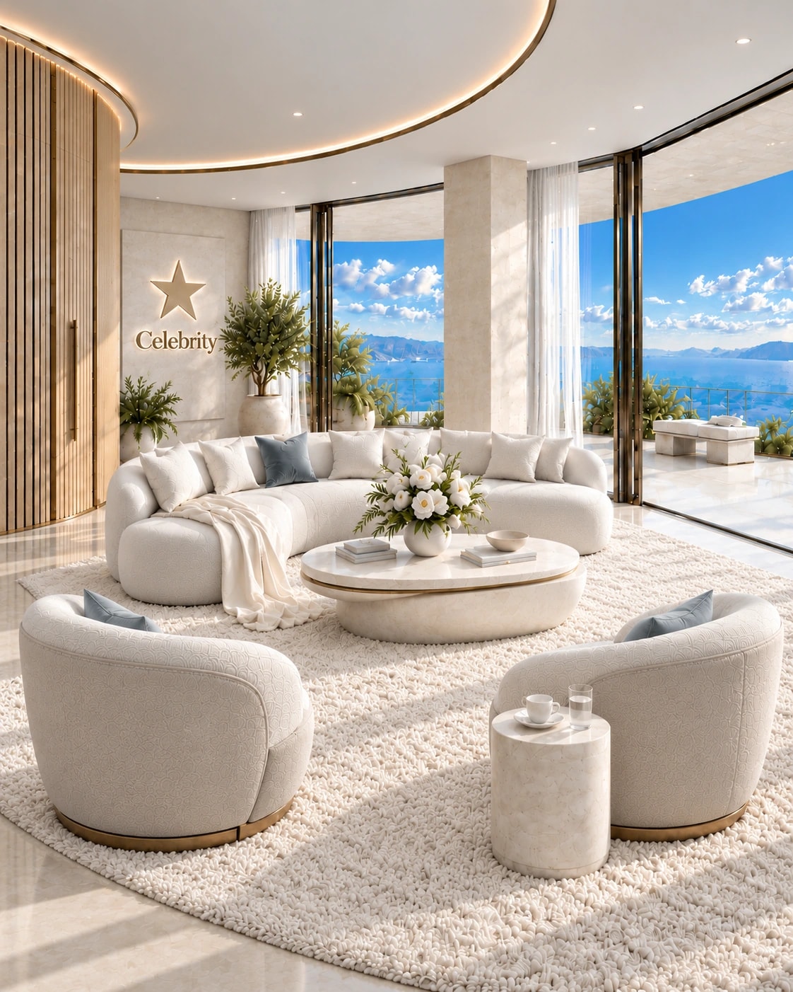 Conceptual illustration of a penthouse living room with curved pale-oak joinery, ivory seating and open glazing onto a private sea-facing terrace.