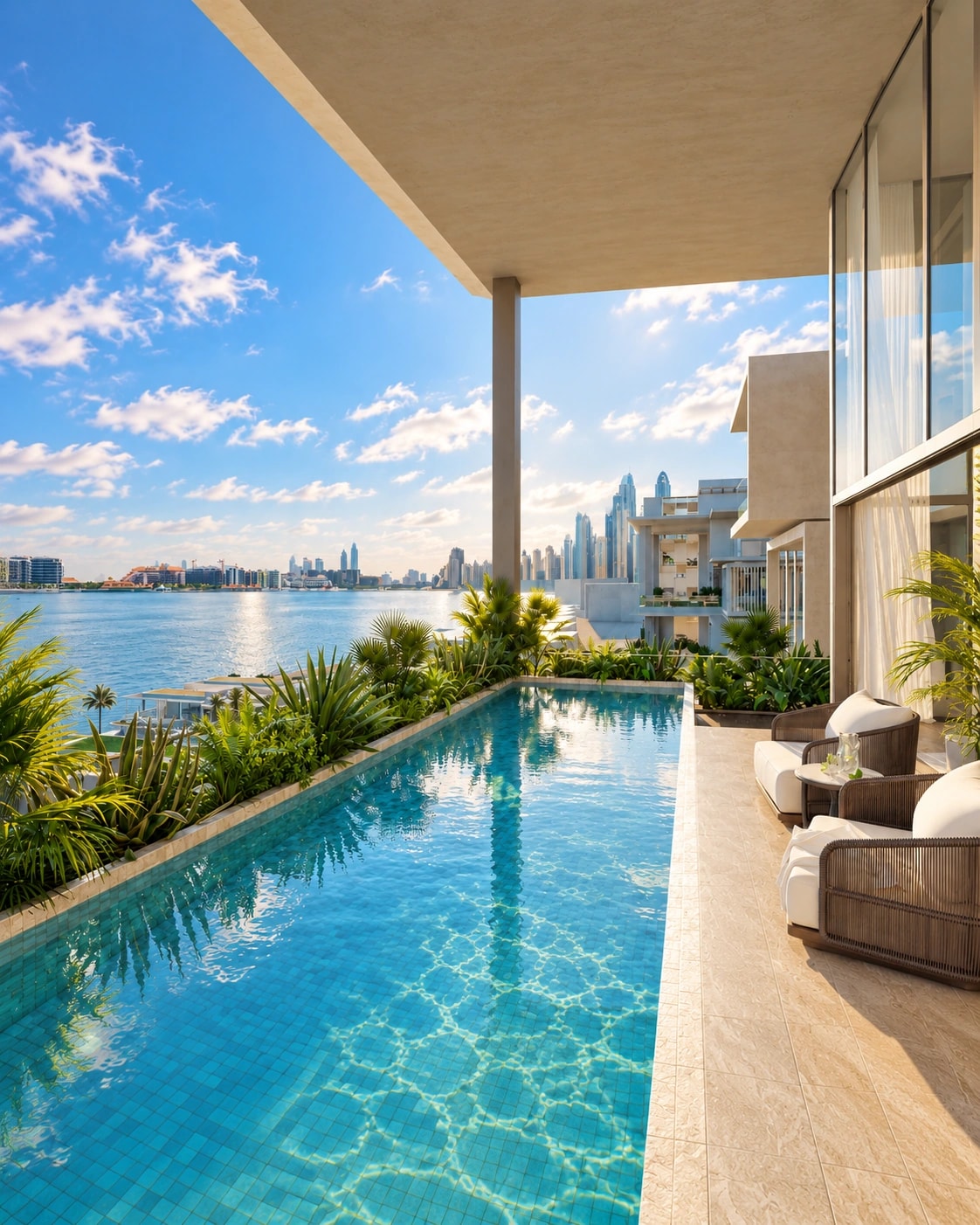Project visualisation of a sea-facing terrace with a private pool at Six Senses Residences The Palm, Dubai.