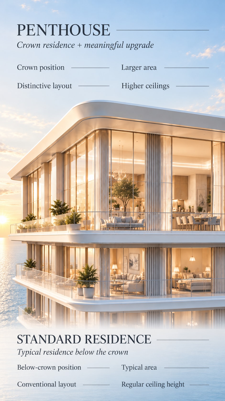 Conceptual comparison showing the penthouse at the residential crown with larger area, a distinctive layout and higher ceilings than the standard home below
