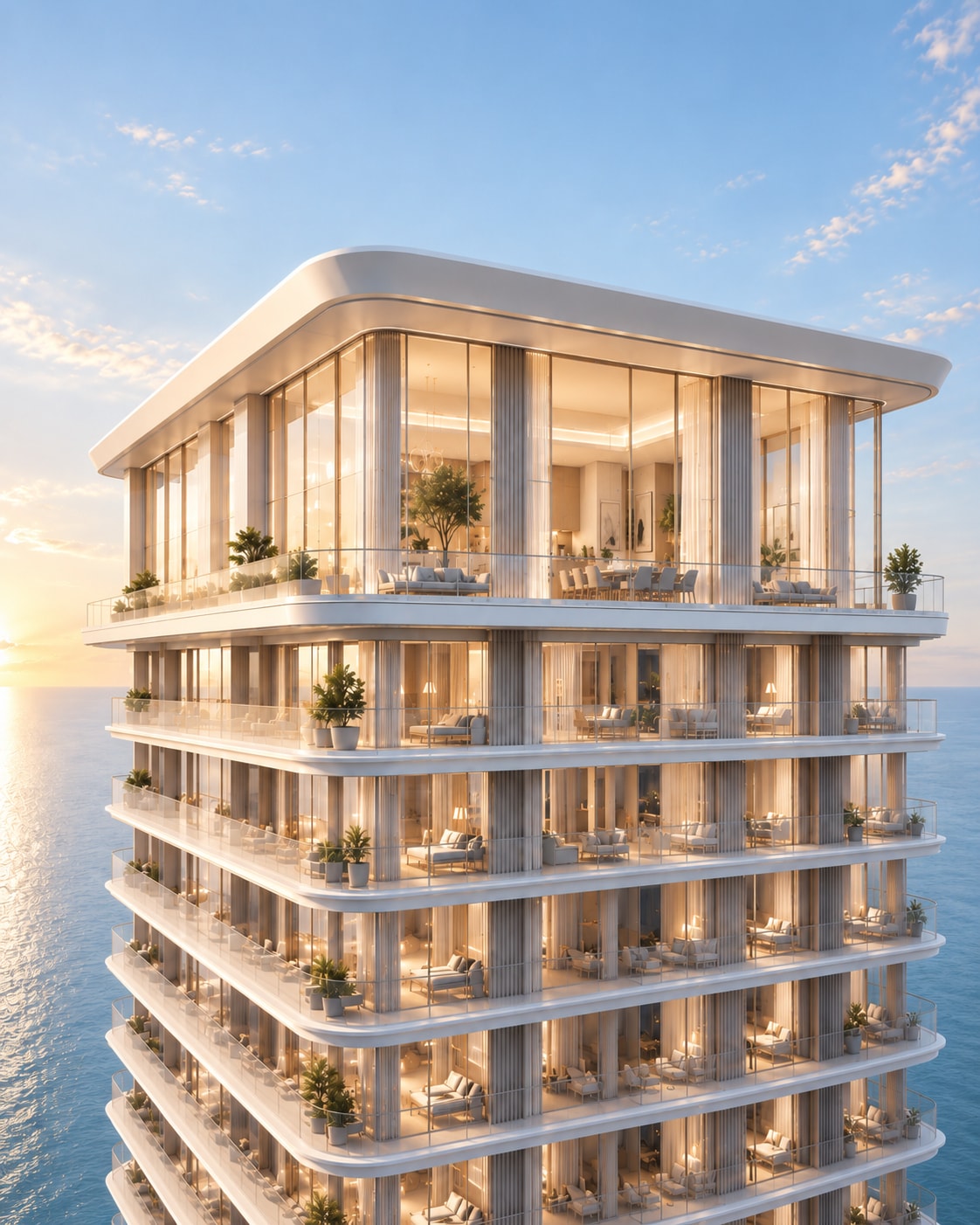 Conceptual waterfront tower with a larger single-level penthouse forming the residential crown above standard residences