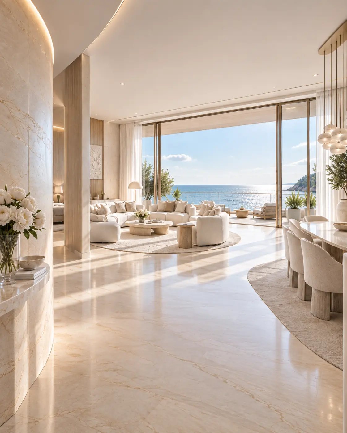 Conceptual waterfront penthouse interior with living space opening towards a terrace and the sea.