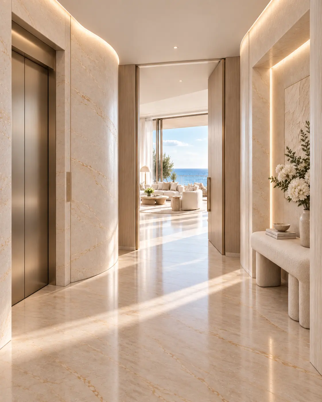 Conceptual private arrival to a penthouse, with a lift vestibule and entrance to the residence.