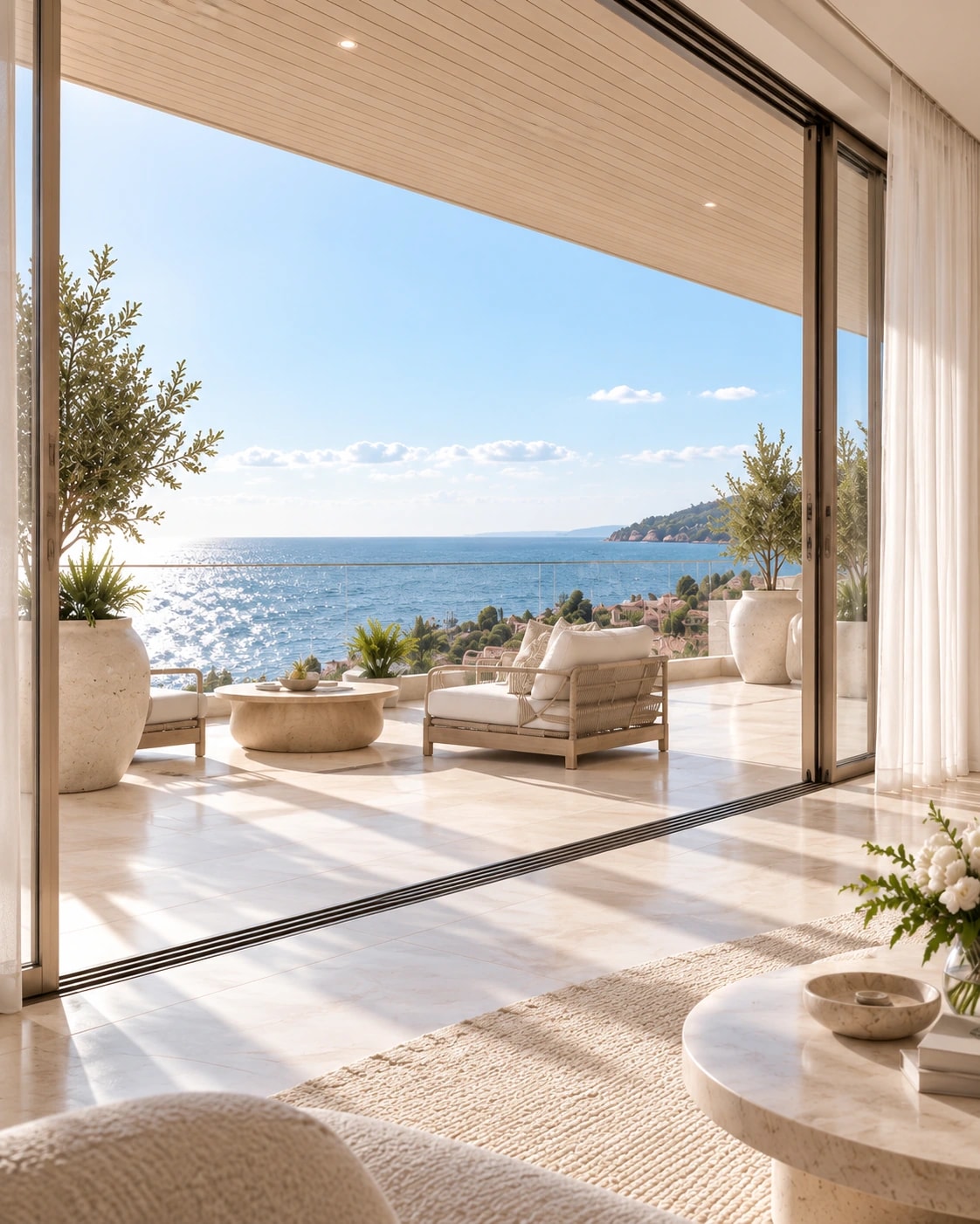 Conceptual living room opening onto a sheltered sea-view terrace with outdoor seating.