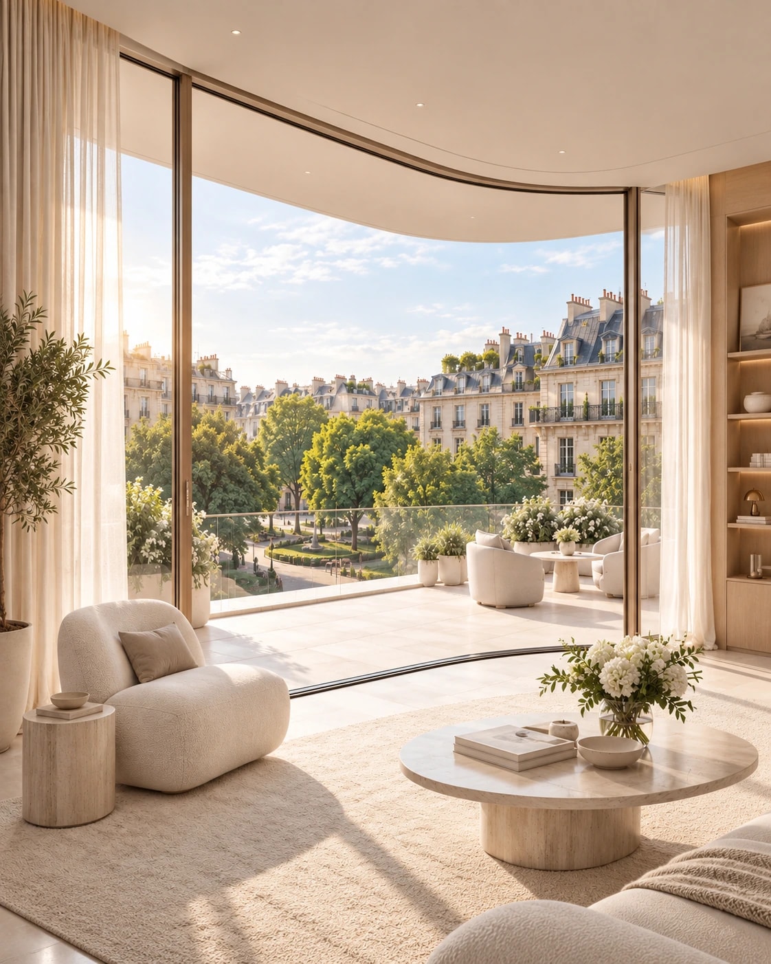 Conceptual penthouse overlooking a green urban setting framed by stone buildings.