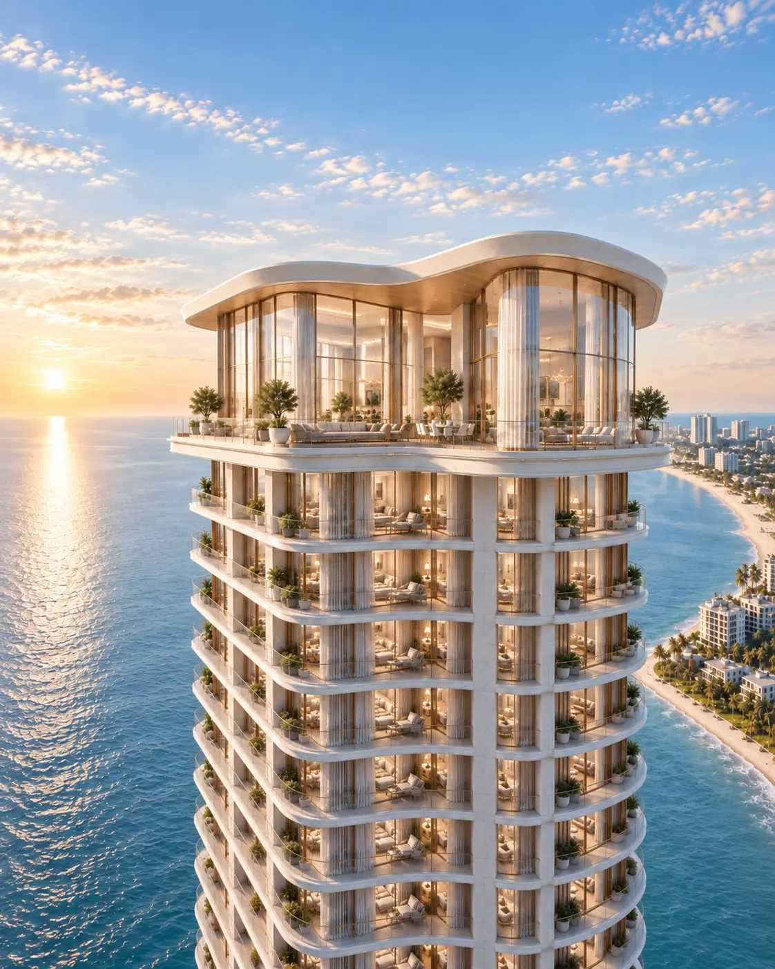 Conceptual waterfront penthouse forming the architectural crown of a residential tower.