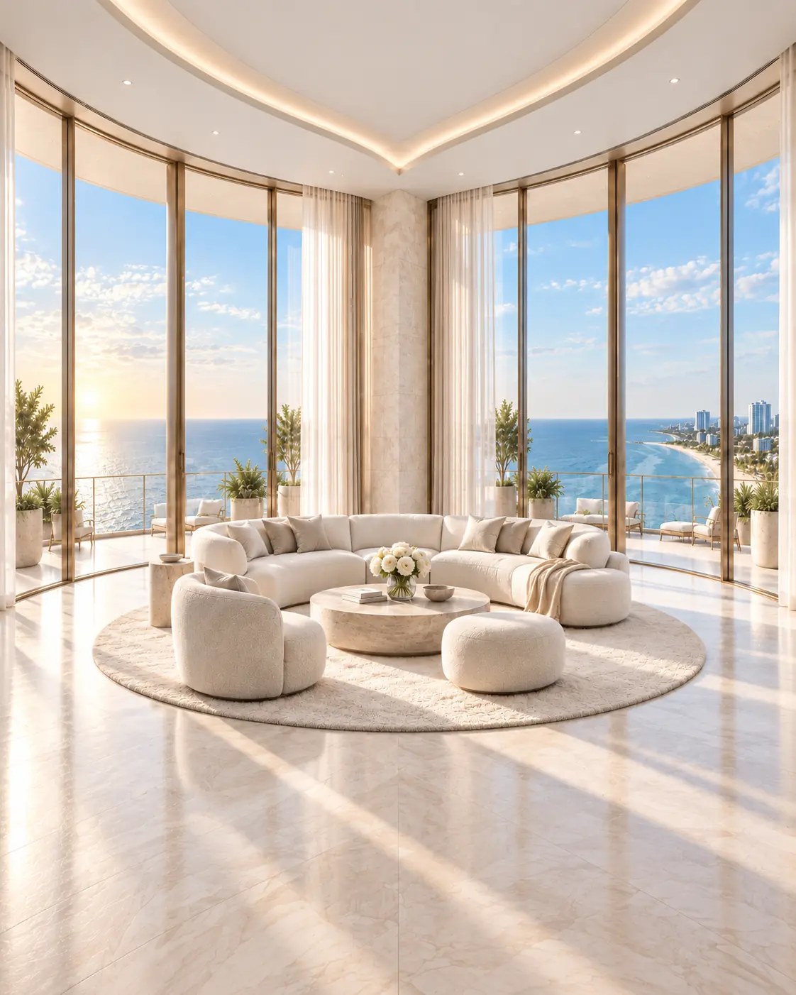 Conceptual penthouse interior with generous living space and expansive curved glazing.