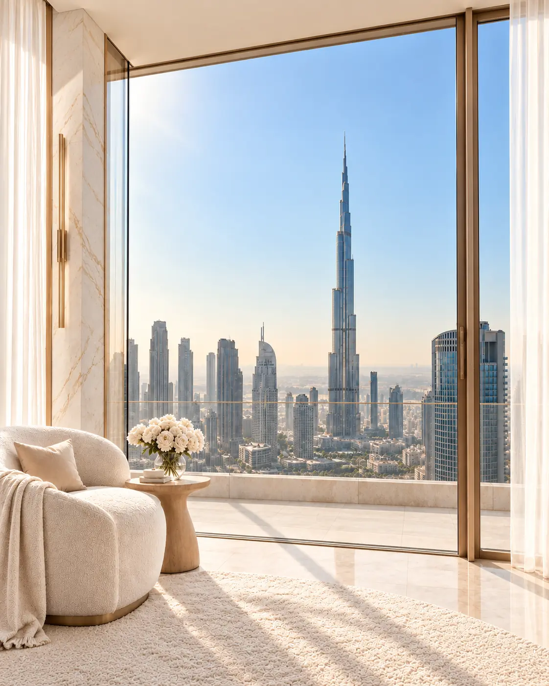 Conceptual penthouse reading corner with a framed view towards Burj Khalifa.