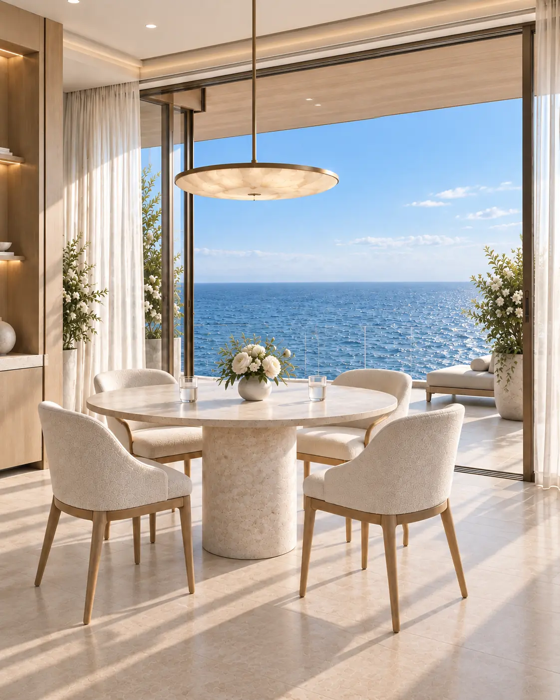 Conceptual waterfront penthouse dining room opening onto a sheltered terrace and sea horizon.