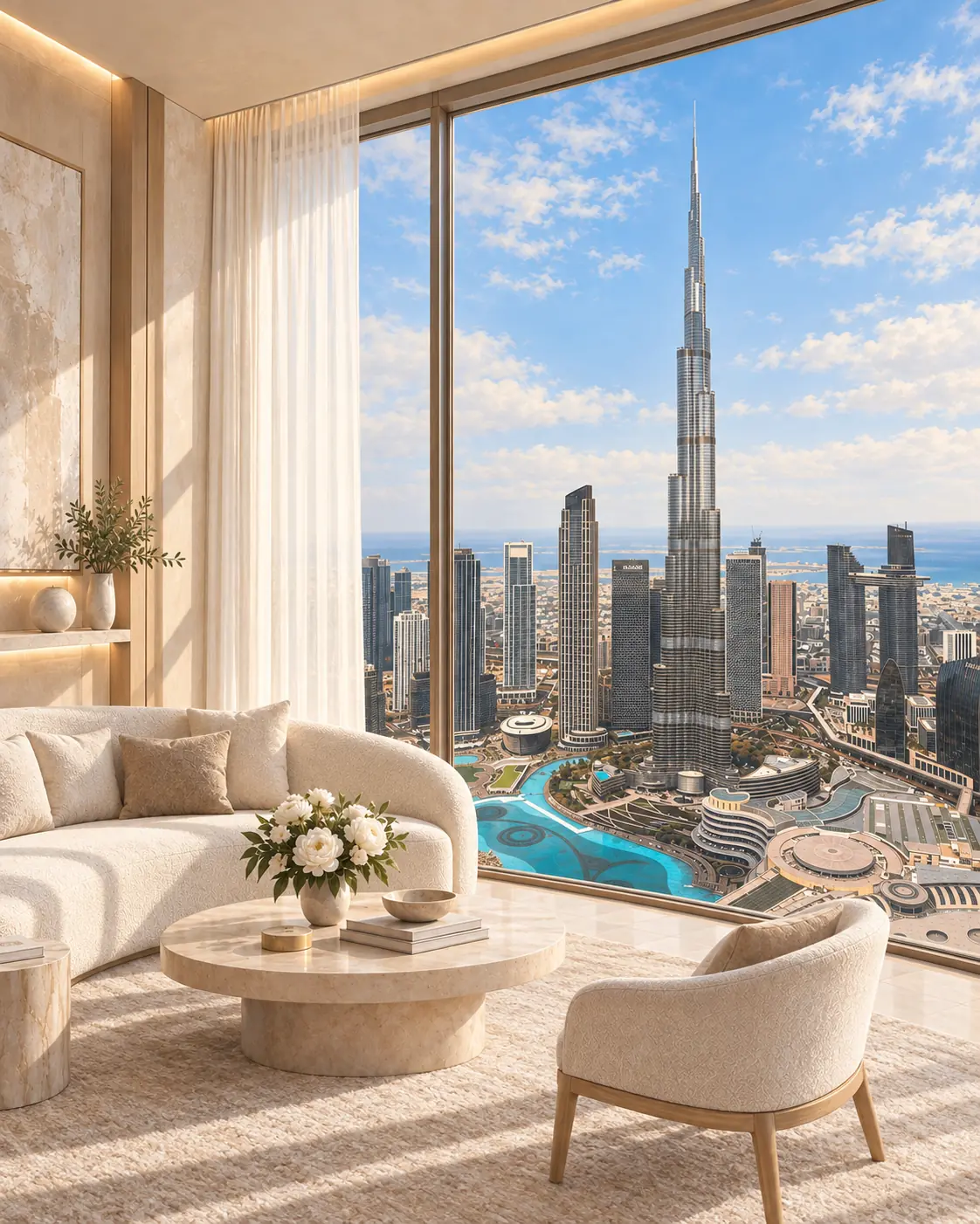 Editorial illustration of an ivory penthouse sitting room with a view towards Burj Khalifa and Burj Lake.