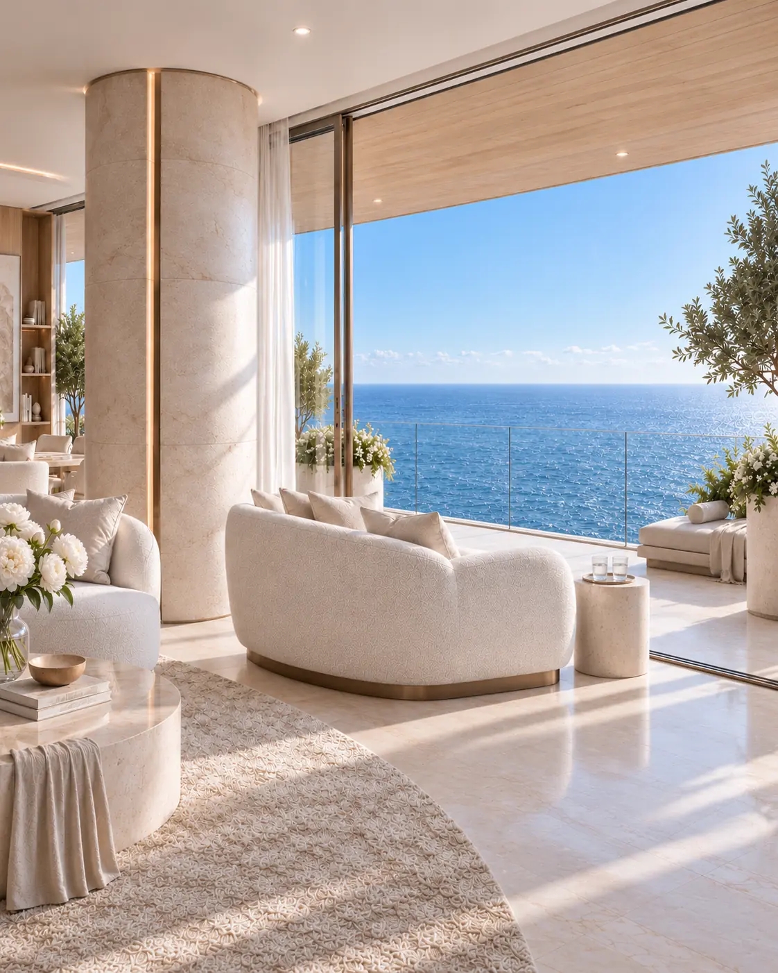 Conceptual penthouse sitting area showing a structural column, glazing and the threshold to a sea-facing terrace.