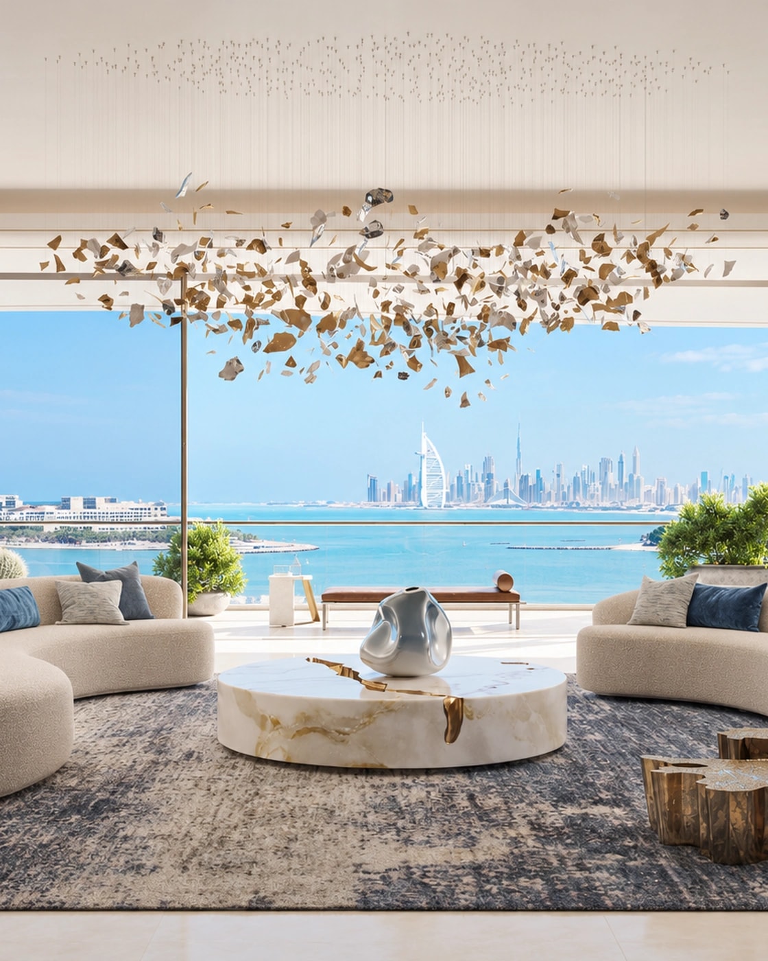 Editorial adaptation of a COMO Residences developer rendering, showing curved ivory sofas and a sea-facing living room on Palm Jumeirah.