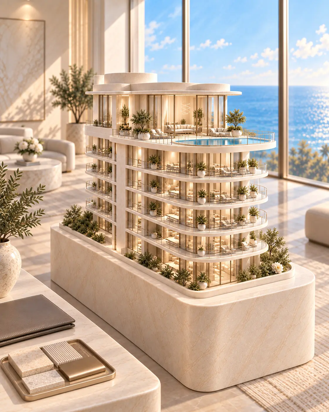 Architectural model of a waterfront residence with a penthouse, private terrace and pool, displayed beside material samples.