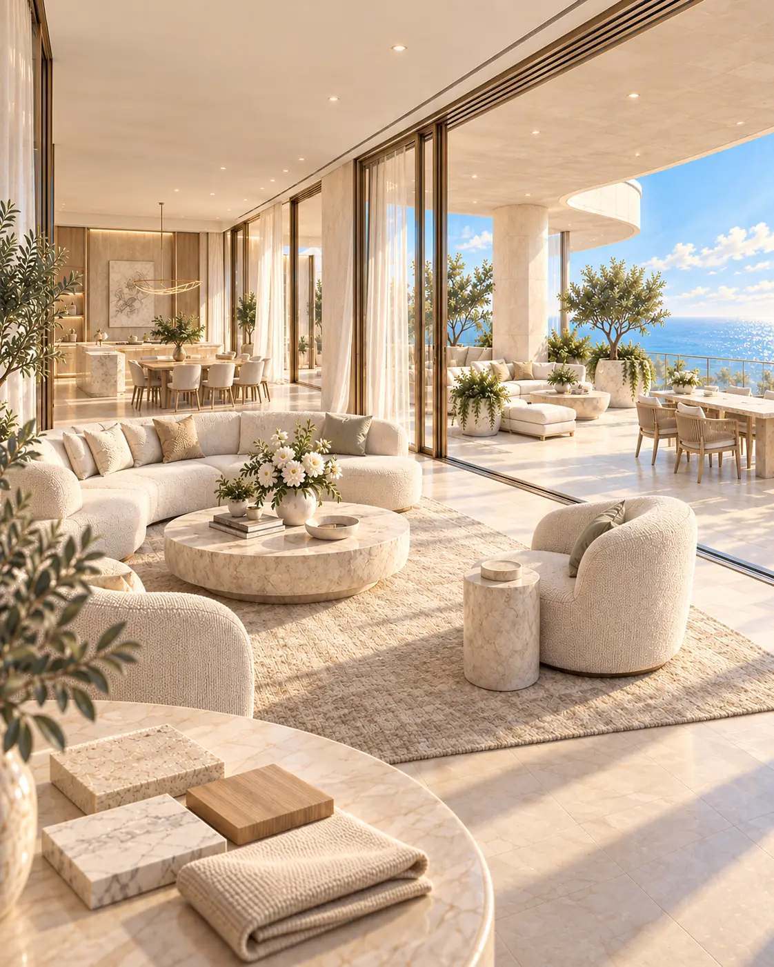 Light-filled penthouse living room opening onto a sea-facing terrace, with stone, wood and fabric samples in the foreground.