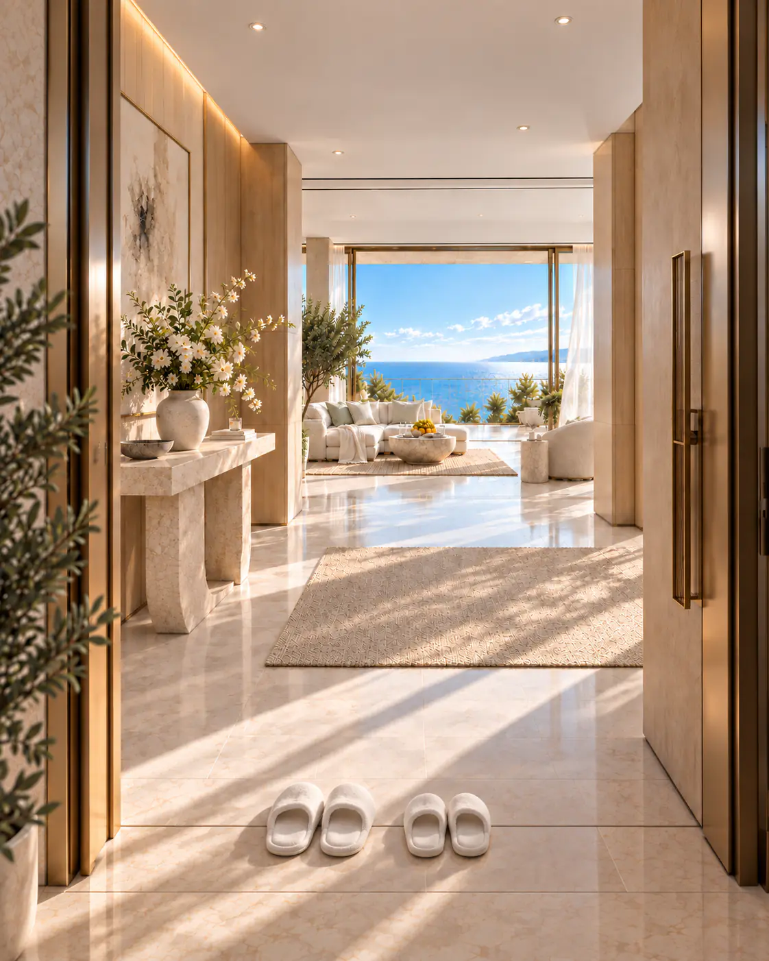 Conceptual illustration looking through a private penthouse entrance into a finished foyer, living room and sea-facing terrace.