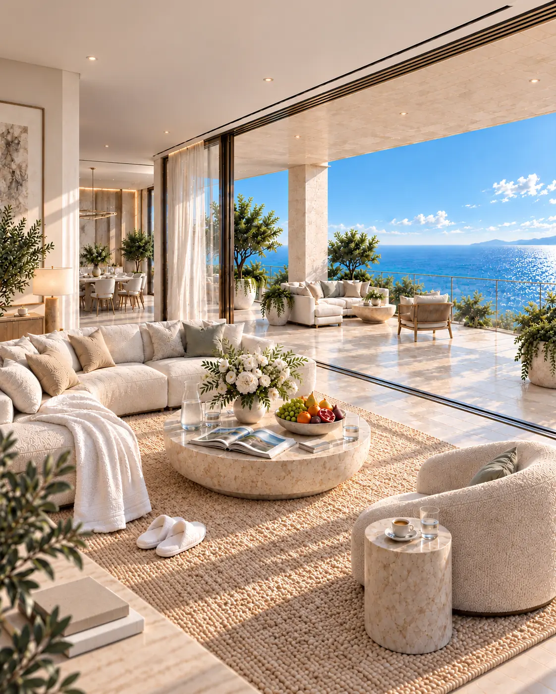 Conceptual illustration of a finished penthouse living room opening onto a sheltered terrace and a clear sea view.
