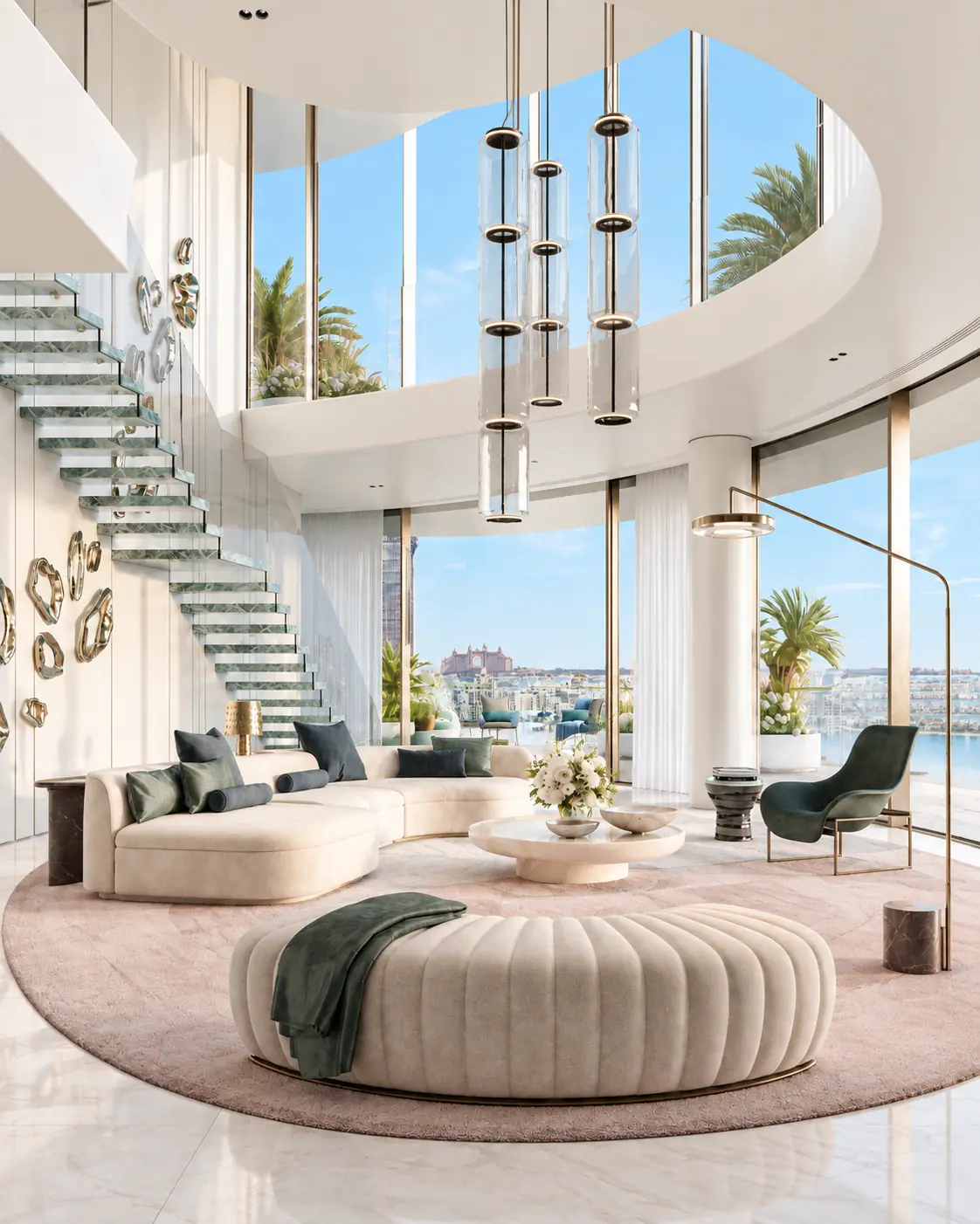 Editorial adaptation of a COMO Residences developer rendering, showing a double-height living room, glass staircase and a Palm Jumeirah water outlook.