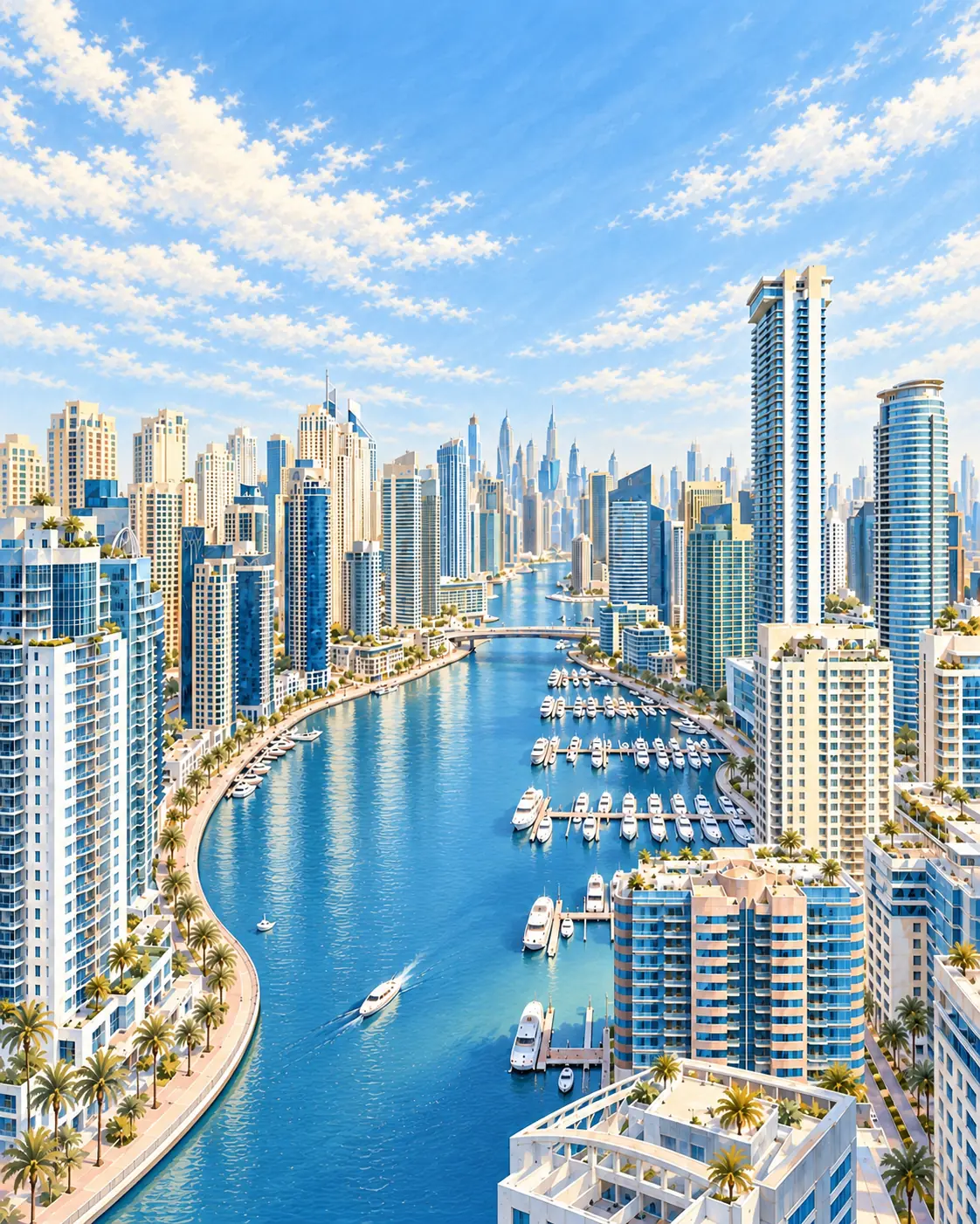 Editorial illustration of Dubai Marina showing the waterway, bridge, yacht berths and towers along both banks.