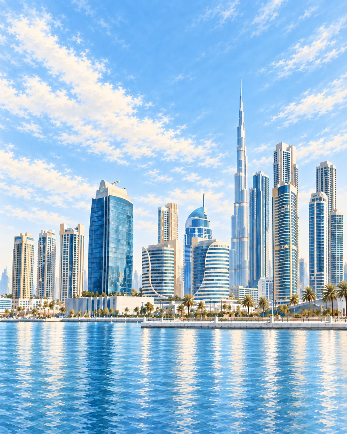 Editorial illustration of the Business Bay waterfront with contemporary towers and Burj Khalifa beyond.