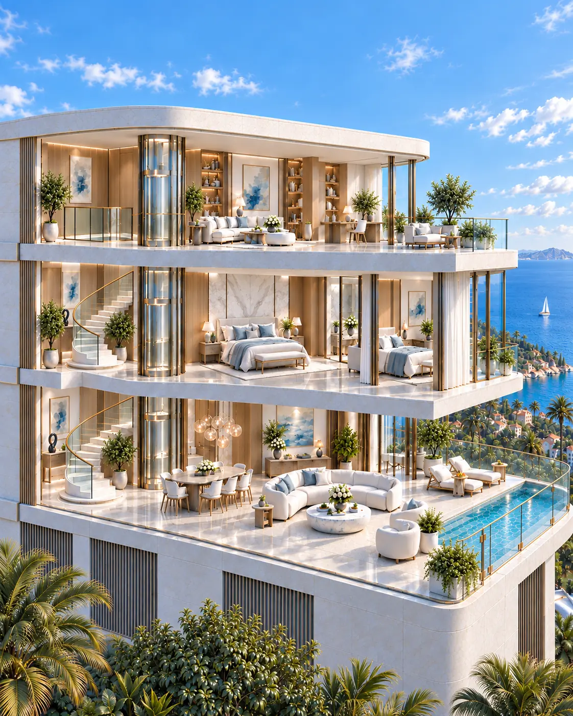Conceptual cutaway of a three-level penthouse, with living spaces and a pool terrace below bedrooms and an upper lounge and study.