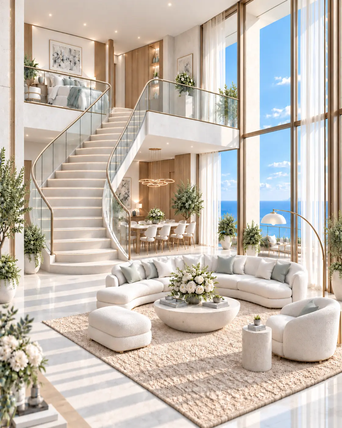 Conceptual illustration of a duplex penthouse living room with double-height glazing and a staircase to the upper level.