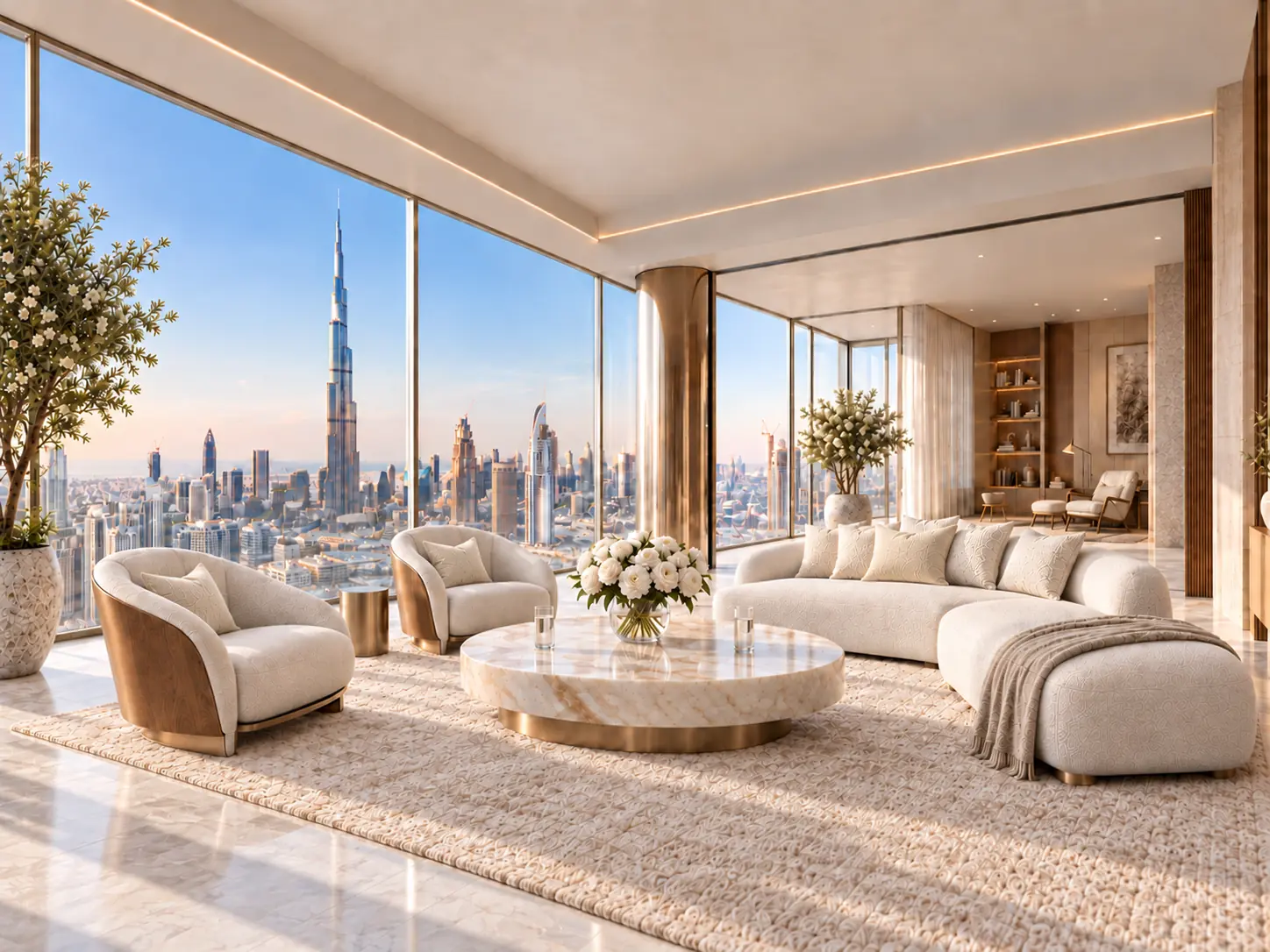 Illustrative Dubai penthouse living room with a view towards Burj Khalifa.