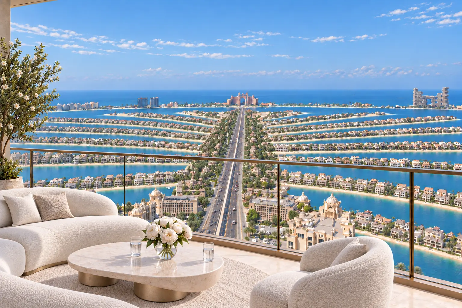 Illustrative penthouse living room overlooking Palm Jumeirah and the sea.