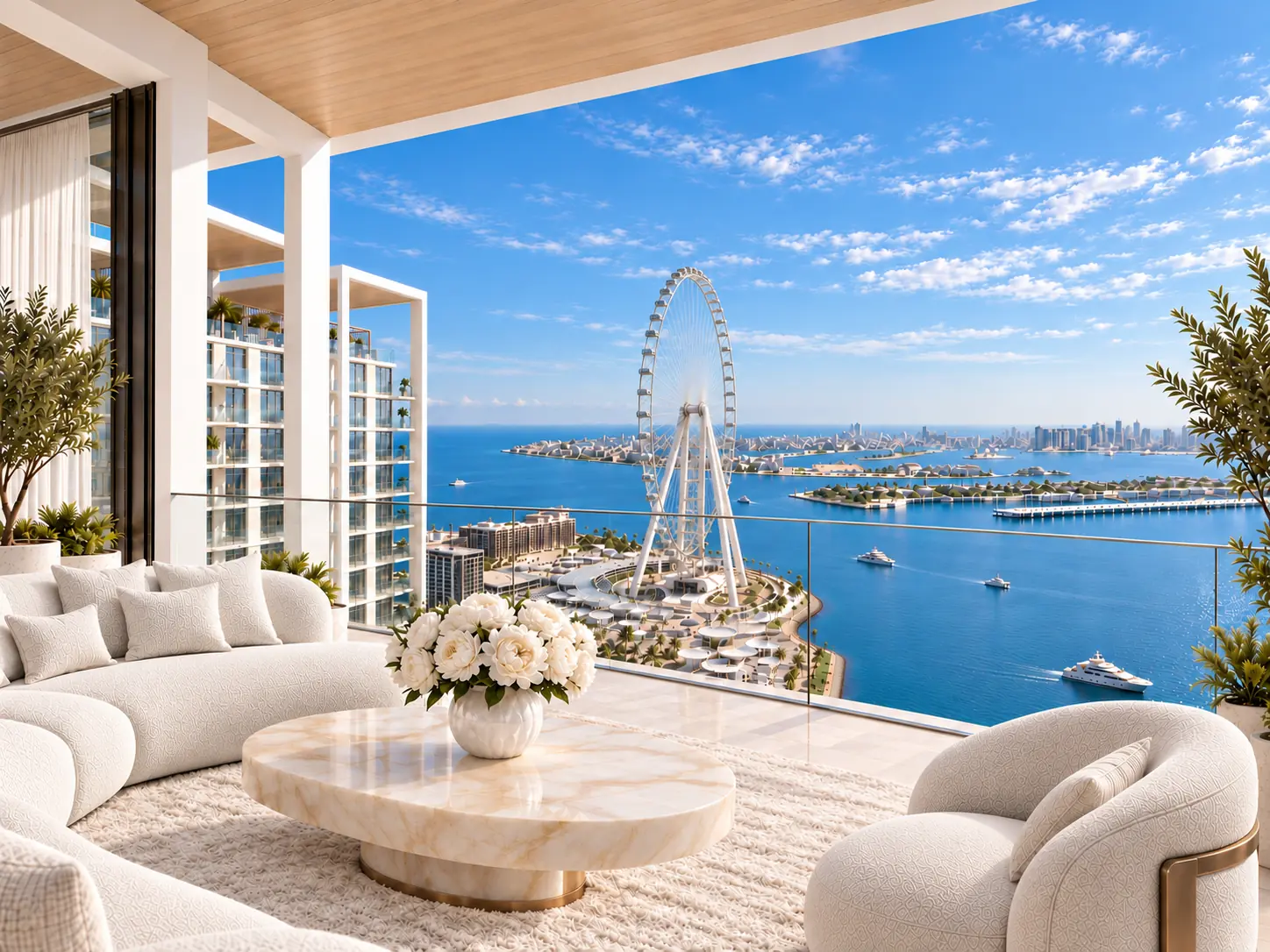 Illustrative Bluewaters penthouse terrace overlooking Ain Dubai and the water.
