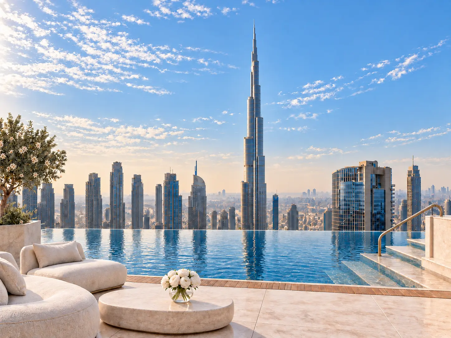Illustrative Dubai penthouse terrace with a private pool and a view towards Burj Khalifa.