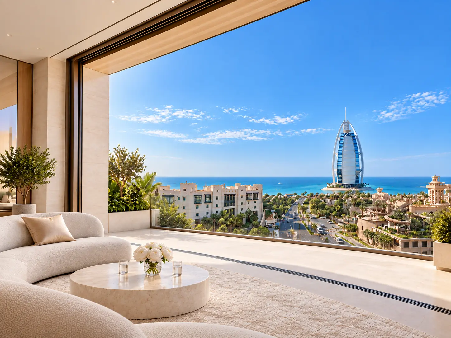 Illustrative penthouse living room overlooking Burj Al Arab and the Jumeirah coast.