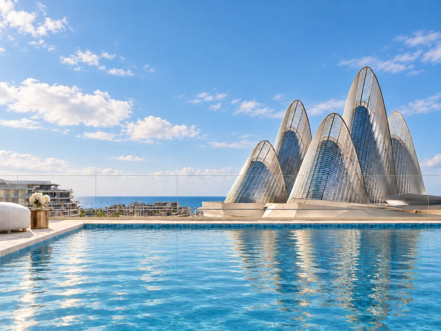 Illustrative Abu Dhabi penthouse terrace with a private pool overlooking Saadiyat’s cultural district.