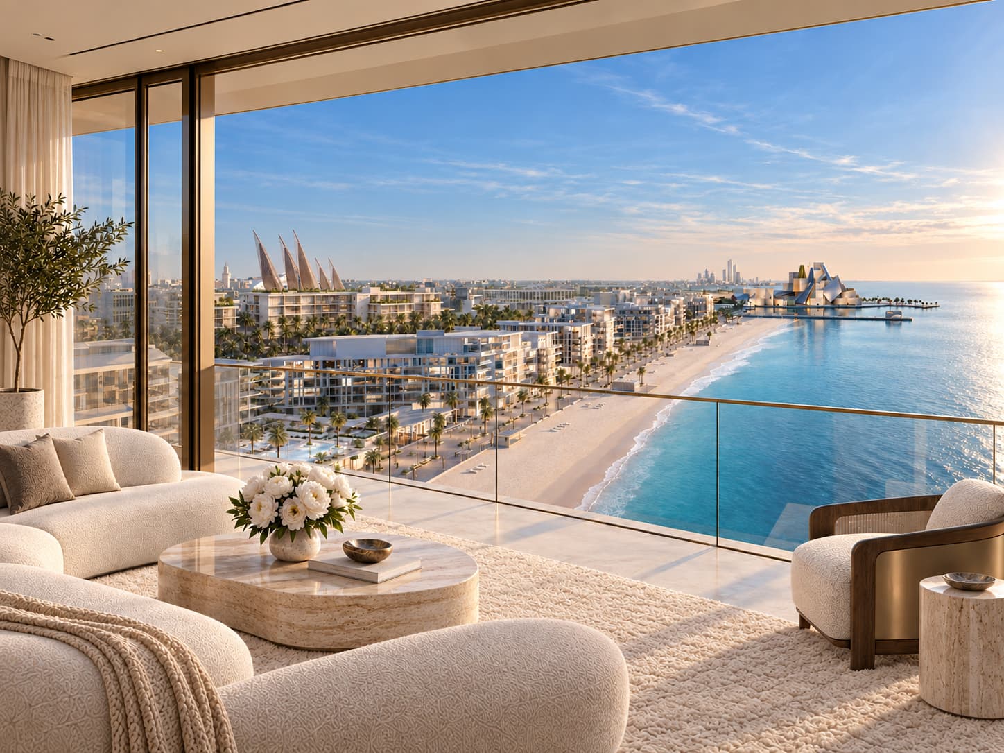 Illustrative Abu Dhabi penthouse living room overlooking Saadiyat Island’s coast and cultural district.