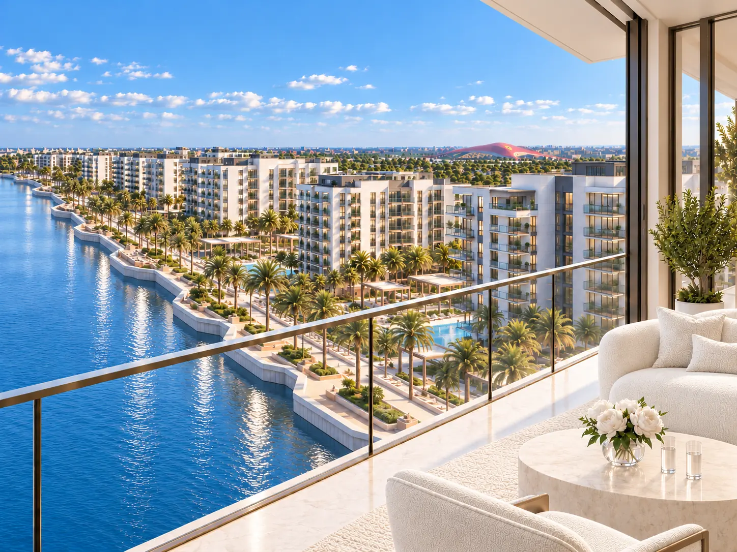 Illustrative penthouse terrace above Yas Island’s waterfront neighbourhoods.