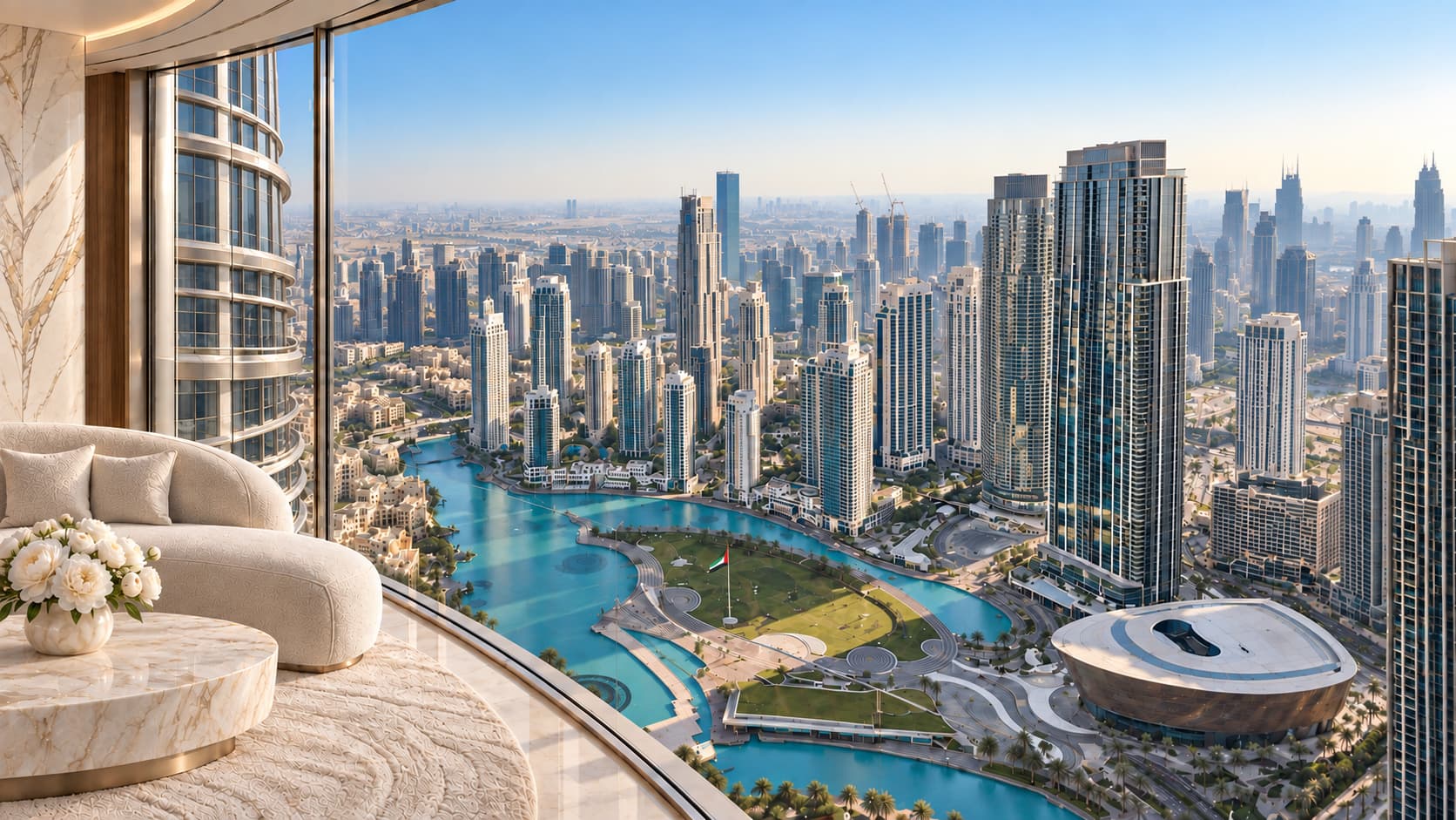 Illustrative UAE penthouse interior overlooking Downtown Dubai and its waterfront skyline.