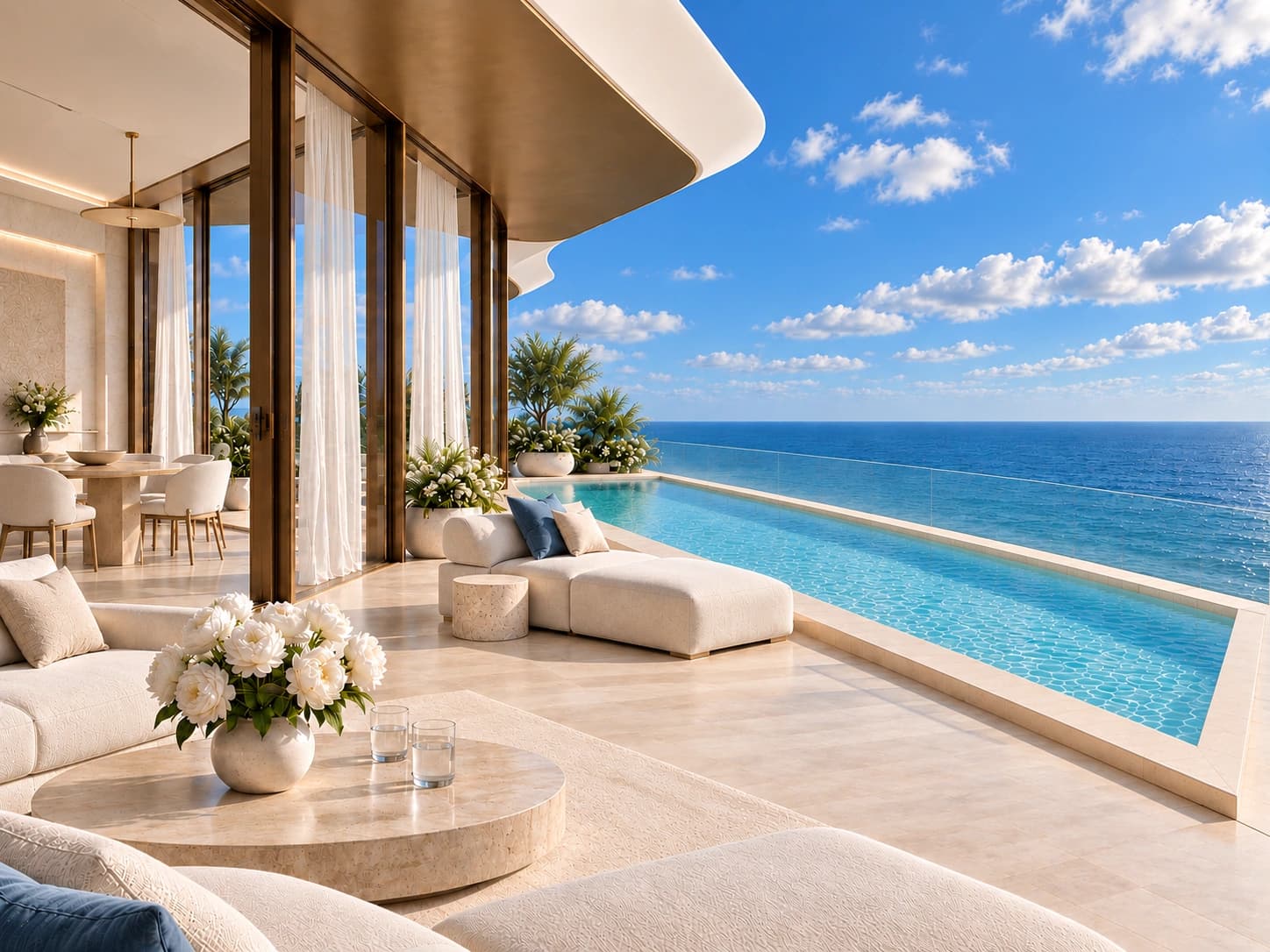 Illustrative Ras Al Khaimah penthouse with an open sea view, a private terrace and pool.